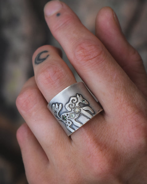 Fire Horse Ring - Green Sapphires - Size 7.5