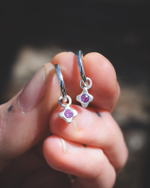 Tiny Bloom Hoop Charms - Sterling + Pink Sapphires