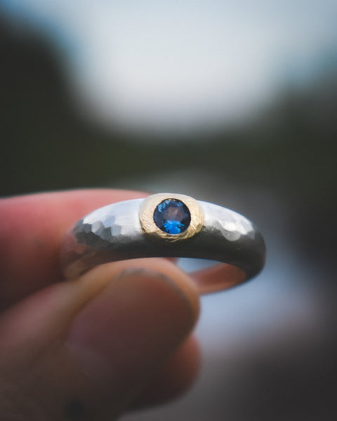 Mixed Metal Orb Ring - Montana Sapphire - Size 8.5 to 8.75