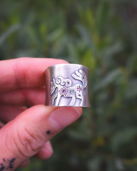 Fire Horse Ring - Pastel Sapphires, Champagne Diamond & Tourmaline - Size 7