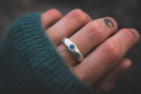 Mixed Metal Orb Ring - Montana Sapphire - Size 8.5 to 8.75