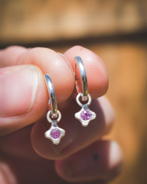 Tiny Bloom Hoop Charms - Sterling + Pink Sapphires