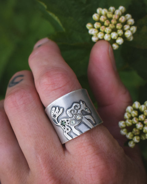 Fire Horse Ring - Green Sapphires - Size 7.5