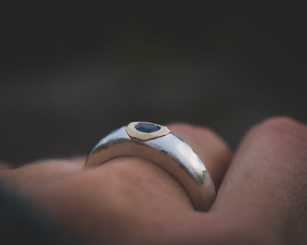 Mixed Metal Orb Ring - Montana Sapphire - Size 8.5 to 8.75