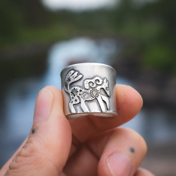 Fire Horse Ring - Green Sapphires - Size 7.5