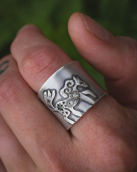 Fire Horse Ring - Green Sapphires - Size 7.5