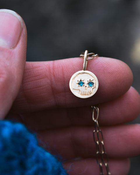 Skully Charm - Solid 14k Gold & Montana Sapphires