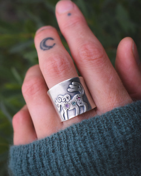 Fire Horse Ring - Pastel Sapphires, Champagne Diamond & Tourmaline - Size 7