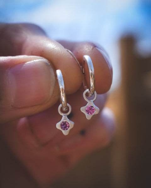 Tiny Bloom Hoop Charms - Sterling + Pink Sapphires
